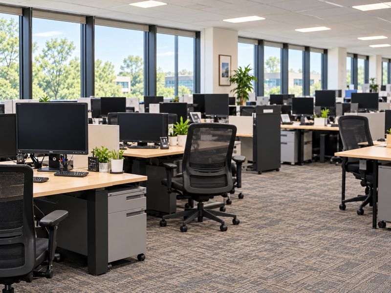 Clean open-plan office with rows of desks and computer workstations