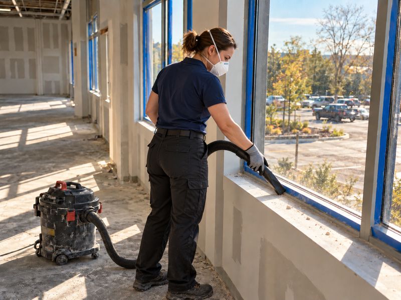 Cleaner in a mask vacuuming construction dust from a window sill