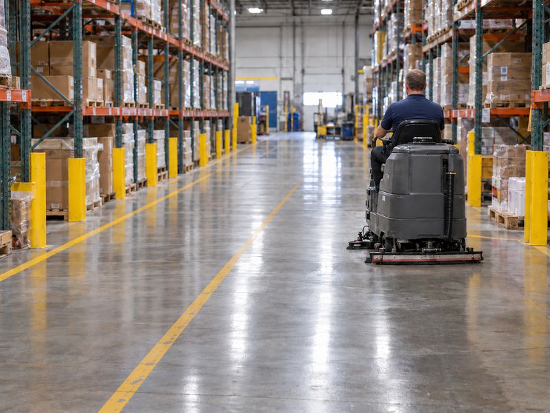 Cleaner driving a ride-on floor scrubber down a warehouse aisle